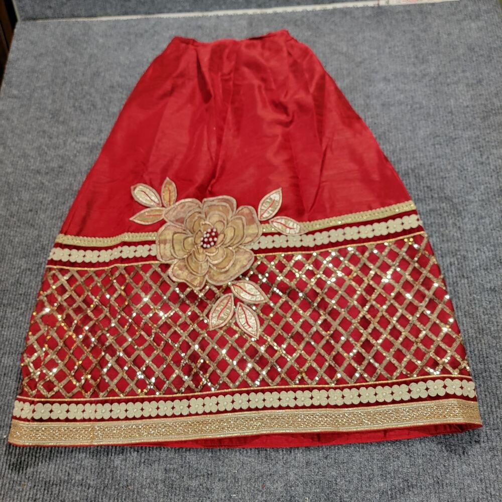 Girls Red Indian Lehenga Skirt Gold Sequin Embroidered Wedding Party